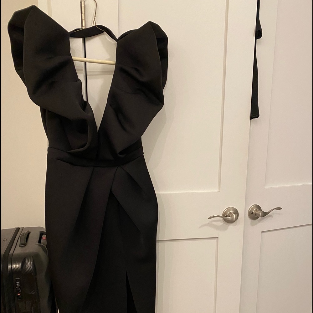 Black ASOS puff sleeve deep V black gown